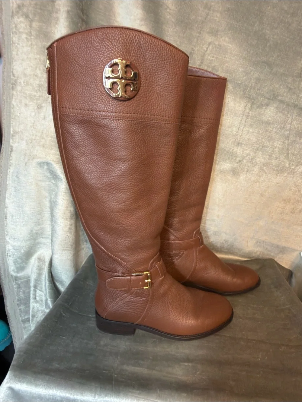 TORY BURCH Adeline Riding Tall BOOTS Size 5 Leather Brown Gold Logo NEW $498